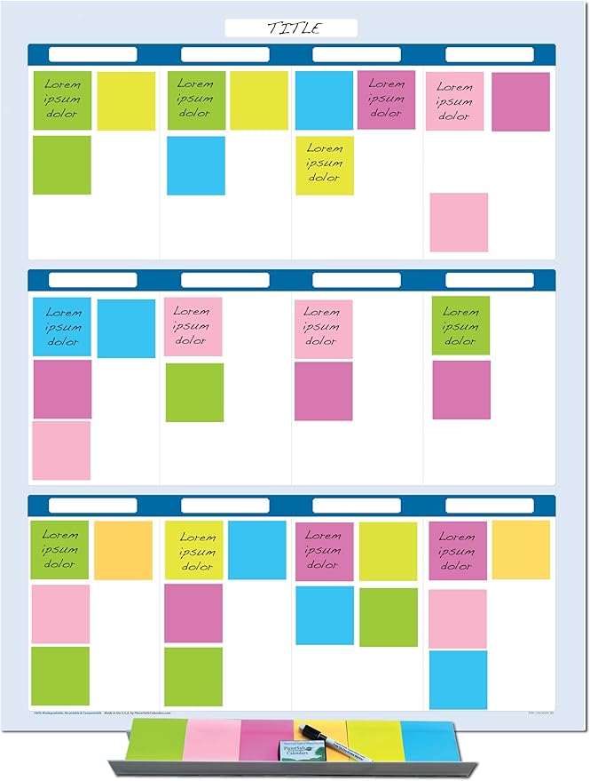 Sky Blue 12 Section Task, Objective and Goals Planning System Vertical 36" Tall 24" Wide. Wall Tray, Dry-Erase Marker, Eraser and 600 Sticky-Notes