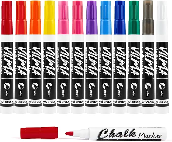 VILMA Liquid Chalk Markers Window Marker for Cars Glass pens Wet Erase Marker Washable Blackboard Pen for Car Window, Mirrors,Signs,Crafts, 2MM Tip 12 Pack,12 Colors