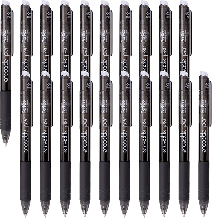 ParKoo Retractable Erasable Gel Pens, 20 Black Twist Pens, Fine Point 0.7 mm, Make Mistakes Disappear, Smooth Writing with Comfortable Grip for Journaling Drawing, School Supplies