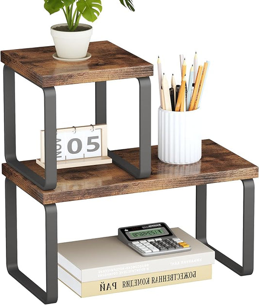 Homeiju Wooden Desktop Organizer Shelf, 2-Tier Adjustable Freestanding Bookshelf Desk Shelf, Stackable Desk Organizer for Office, Dorm, Bedroom, Space Saving, Easy Assembly, Rustic Brown (1 Pack)