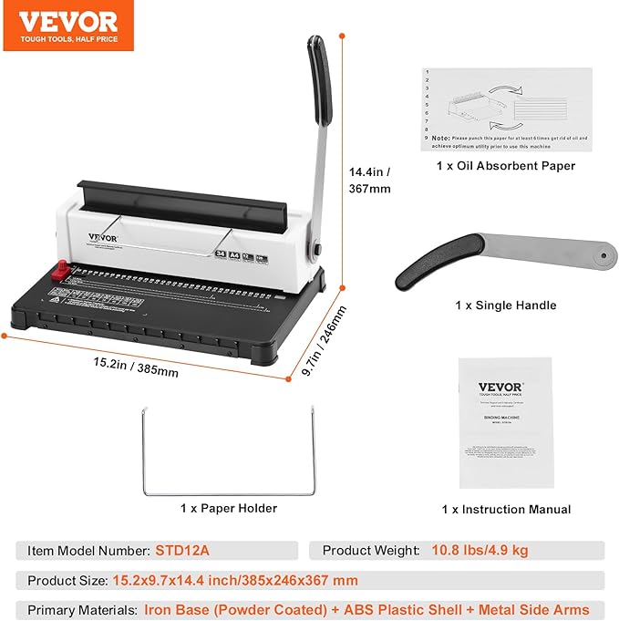 VEVOR Coil Spiral Binding Machine, Manual Book Maker 34-Holes Binding 120 Sheets, Punch Binder Adjustable 3/16" - 9/16" Coil Binding Spines, for Letter Size, A4, A5