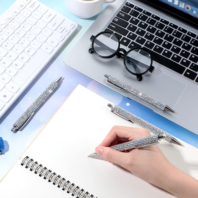 Jeyiour 6 Pcs Bling Pen Cute Diamond Wedding Rhinestones Gift Metal Ballpoint Fancy Sparkly Crystal Retractable Black Ink Pen for Women Office Birthday 0.7mm(Colorful Silver, Silver)