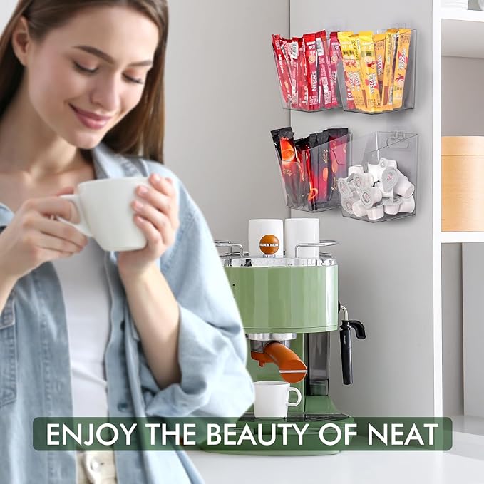 Clear Adhesive Wall Storage Bins, M Size 4 Pack Cabinet Door Organizer Holders, Hanging Wall Mount Pockets, Plastic Cups for Shower Bathroom Makeup Office Craft Remote Kitchen Sink RV Organization