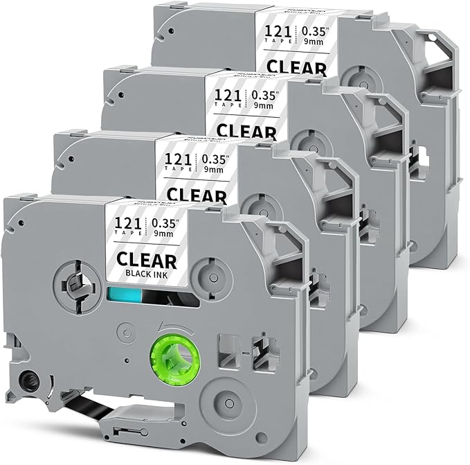 Tze121 9mm 0.35" Laminated Clear Tape Compatible for Brother 9mm Label Tape Tze-121 Tz-121 P Touch Tz Tze 9mm 3/8" Black on Clear Label for PTH110 PTD210 PT-D220 PTD400 PT-D610BT, 4-Pack