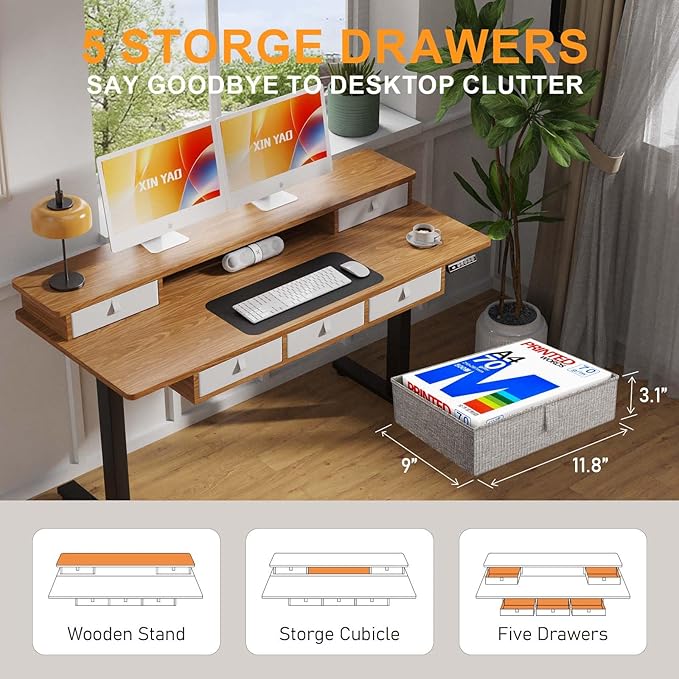XINYAO Electric Standing Desk with 5 Drawers, 55x24 Inch Height Adjustable Sit Stand Up Desk with Storage Support 290lbs Ergonomic Rising Table with Wheels for Home Office