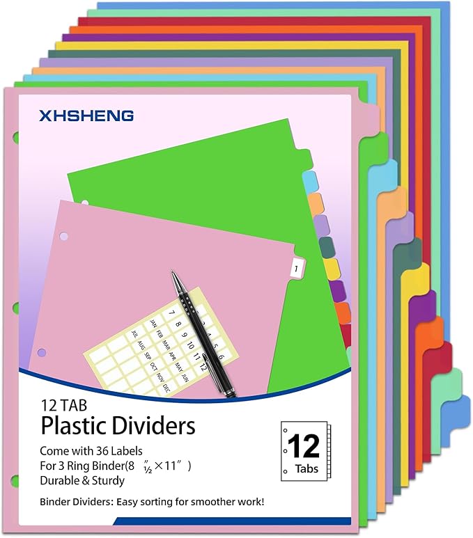 Binder Dividers with Tabs,Monthly Dividers for 3 Ring Binder,12 TABS,Customizable Table of Contents,Multicolor,1 Sets