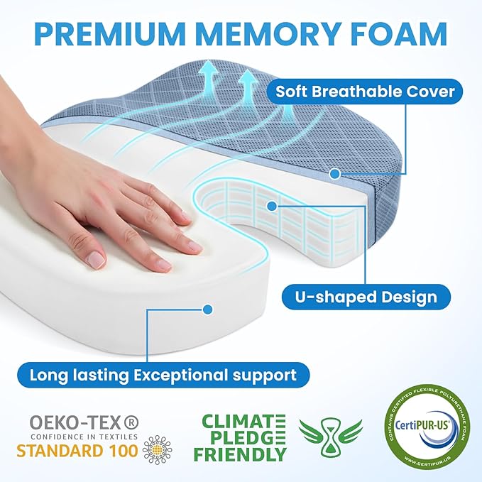 TushGuard Office/Car Seat Cushion, Non-Slip Sciatica & Back Coccyx Tailbone Pain Relief Chair Pad, Memory Foam Butt Pillow for Computer Desk, Wheelchair, Driving (Light Blue, XX-Large)