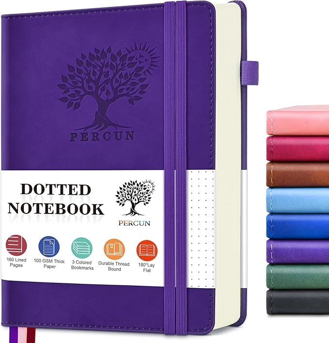 PERCUN Dotted Journal Notebook for Men & Women, 160 Pages Dot Grid notebook for Note Taking, Bullet Journaling Notebook for Work, School, Travel, Writing, A5 Hardcover 5.9" x 8.5"(Purple)