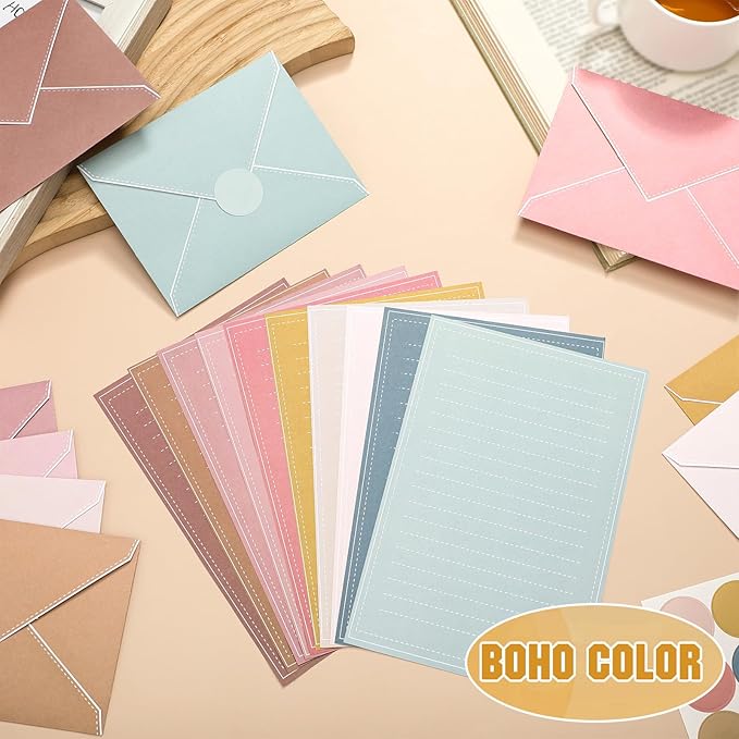 TaoBary 160 Packs Stationery Paper Set (50 Double Sided Stationery Writing Papers 50 Matching Envelopes) 60 Round Dot Sticker, 10 Design (5.5 x 8.25 Inch,Boho Color)