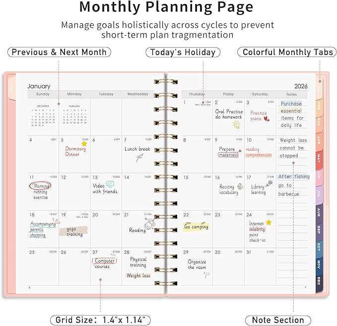 RETTACY 2026-2027 Monthly Planner, Jan 2026 - Dec 2027, Medium Size (5.7" x 8.3"), Agenda, Calendar, 24 Month Tabs, Flexible Plastic Cover, 100 GSM Thick Paper, Spiral-bound (Pink)