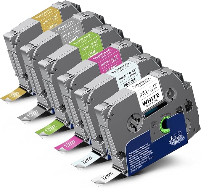 6-Pack 12mm 0.47 Laminated Multi Color Compatible for TZe-231 TZe231 MQ531 MQP35 MQG35 MQL35 MQ835 TZ Tape for P Touch PT-H110 D210 D220 D400, White/Blue/Blue/Green/Sliver/Gold