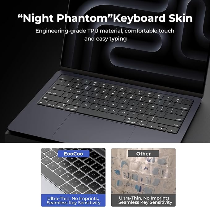 EooCoo Premium Keyboard Cover Skin Ultra Thin Protector, Compatible with M5 MacBook Pro 14" 16" M4 M3 M2 M1 Pro Max Chip, 2025-2021 MacBook Air 15" 13.6" M4 M3 M2 Chip, Black