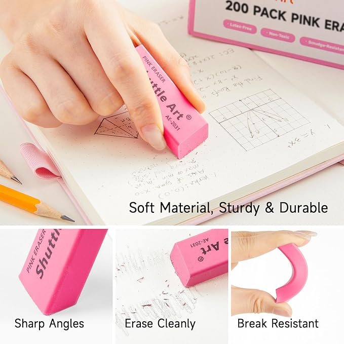 Shuttle Art Pink Erasers, 200 Pack Bulk for School, Office, Latex-Free Soft Erasers for Kids, Teachers as School Supplies