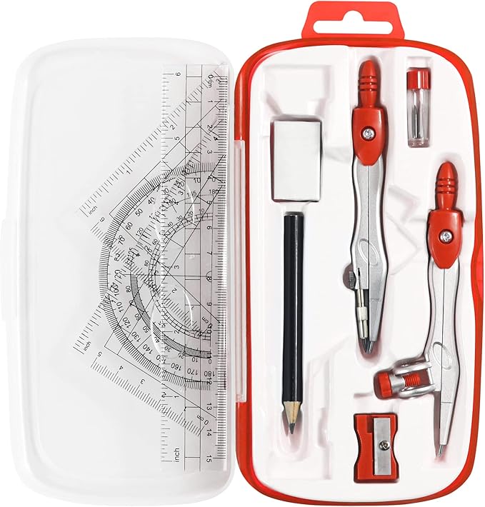 Math Geometry Kit Sets 10 Piece Student Supplies with Shatterproof Storage Box,Includes Rulers,Protractor,Compass,Eraser,Pencil Sharpener,Lead Refills,Pencil,for Drafting and Drawings（Red）