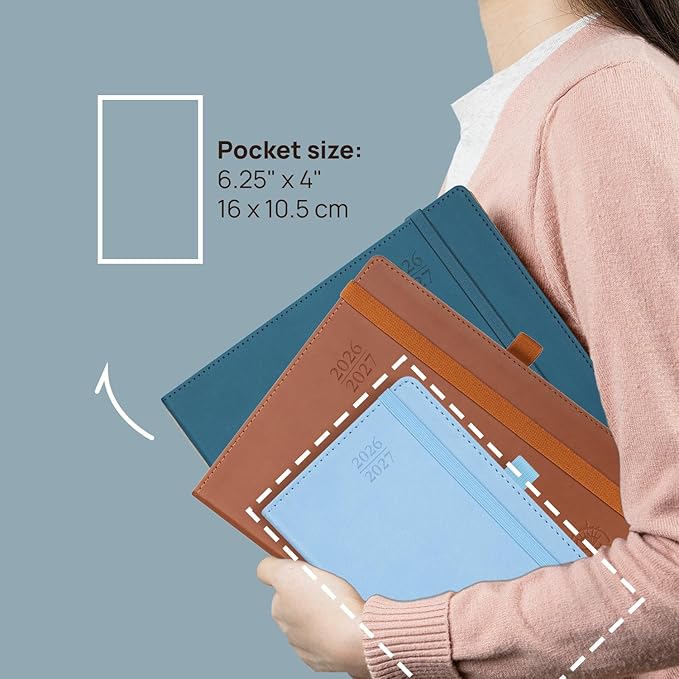 POPRUN Pocket Monthly Planner 2026-2027 (Pocket- 4''x 6.25'' Soft Leather Cover) - 18 Month Calendar Book for Purse (Jan.2026 - Jun. 2027), 100 GSM Thick Paper - Black