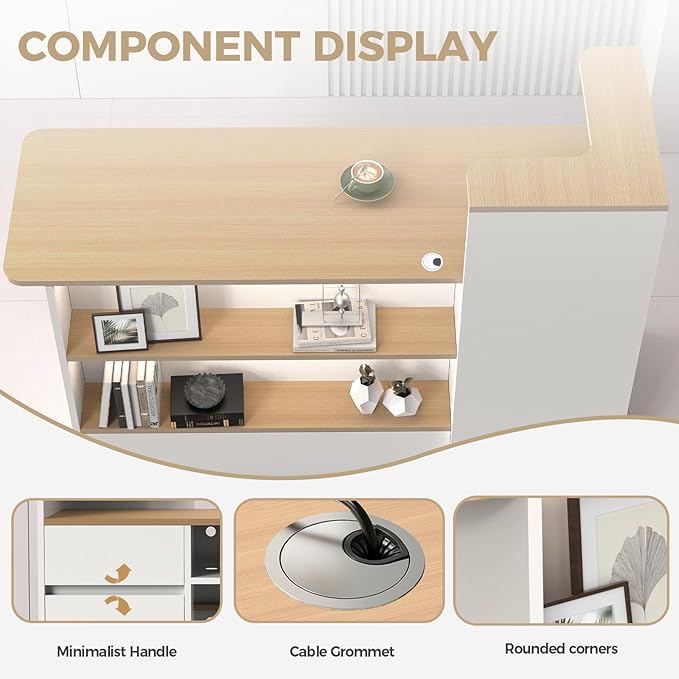 Modern Reception Desk with LED Lights - 47" Front Desk Reception Counter with Dual Display Shelves & Hidden Cable Management, Lockable Drawer & Storage Cabinet for Office, Salon, Spa, Retail, Right