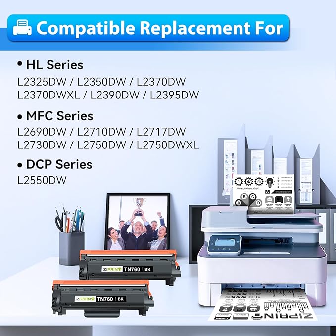 ZIPRINT TN760 Toner Cartridges Compatible Replacement for Brother TN760 TN-730 TN730 for MFC-L2710DW MFC-L2750DW DCP-L2550DW HL-L2350DW HL-L2395DW HL-L2370DW (Black, 4 Pack)