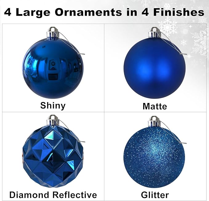 Royal Blue Set of XL (4.0") 4PCS Christmas Balls - Christmas Tree Decoration Ornaments Shatterproof Hanging Balls for New Year Easter Valentine Holiday Decorations