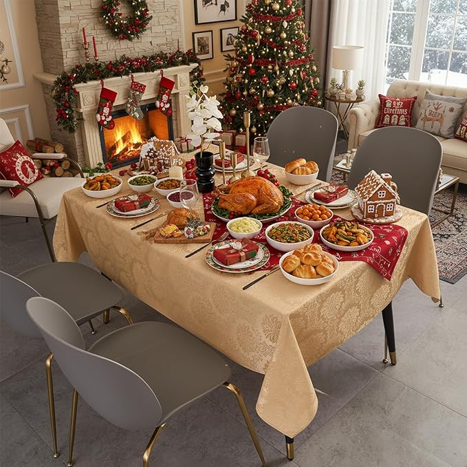 Romanvicky Christmas Jacquard Tablecloth Gold Flower Pattern Rectangle Table Cloth Spill Proof Wrinkle Resistant Polyester Table Cover for Party, Dining, Thanksgiving Decoration, 60 x 120 Inch