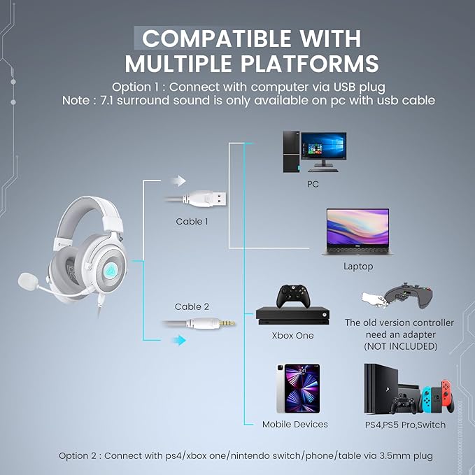 EKSA USB Gaming Headset for PC, Computer Gaming Headphones with Detachable Microphone Noise Cancelling, 7.1 Surround Sound, 50MM Driver, Wired Headset for PS4 PS5, Xbox One, Laptop (White)
