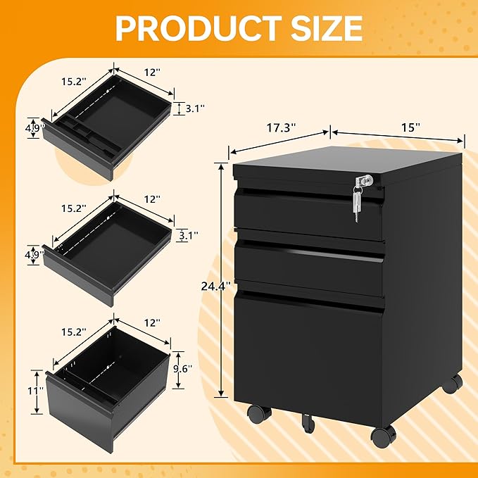 STANI 25" H 3 Drawer Mobile File Cabinet with Lock, Under Desk Metal Filing Cabinet, Locking Office Mobile Cabinet with Wheels, Letters/Legal/A4(Assembly Required Black)