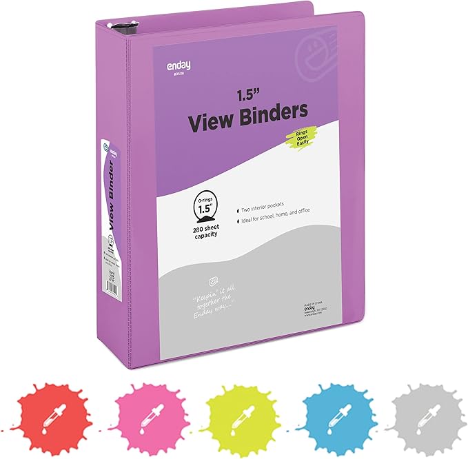 3 Ring Binder 1.5 Inch Purple, 1 ½ inch Binder Clear View Cover with 2 Inside Pockets, Colored School Supplies Office and Home – by Enday