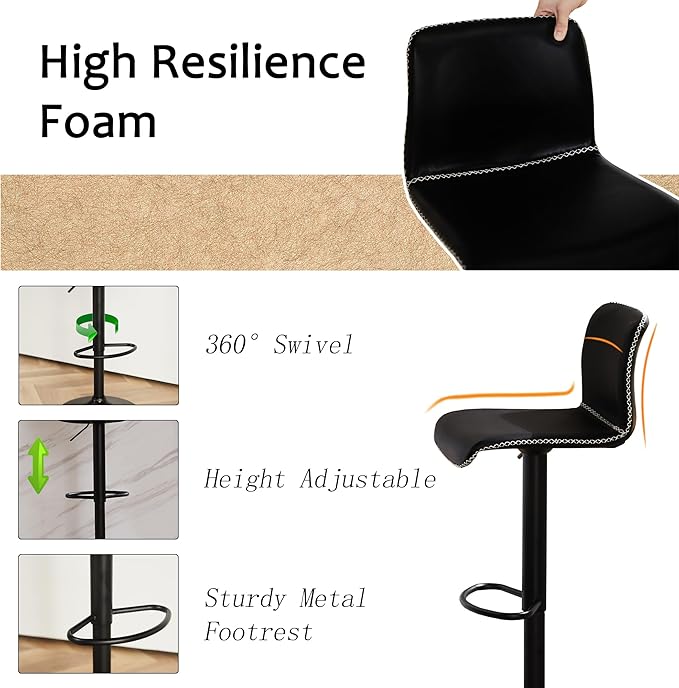 HeuGah Swivel Bar Stools Set of 2, Adjustable Counter Height Barstools with Back, Black Faux Leather Bar Chairs for Kitchen Island (Black, Set of 2 (24'' to 32''))