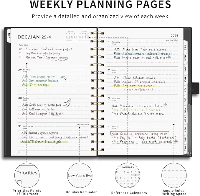 AHGXG 2026 Planner, Weekly and Monthly, Jan 2026 - Dec 2026, 12 Months, 2026 Calendar Planner Book with Tabs for Men Women School Home Office Supplies, A5 (6" X 8.38"), Black