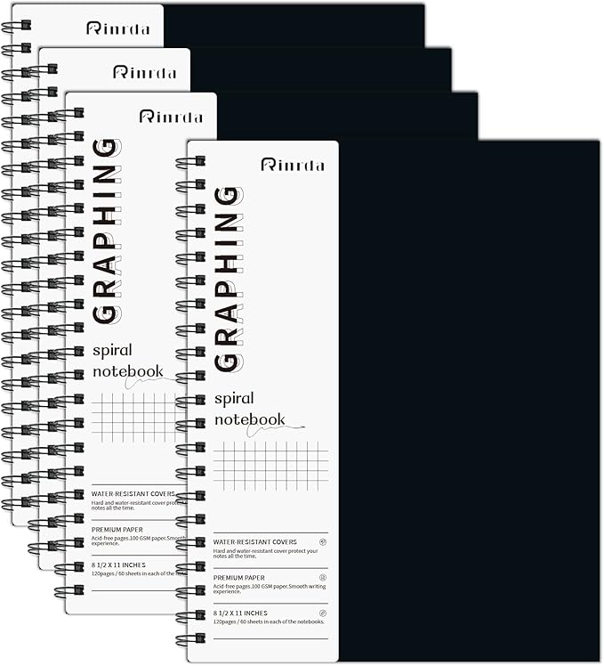 Graph Paper Notebook Spiral Notebook 8.5" x 11"-4 Pack Grid Paper Notebook Graph notebook Engineering notebook 120 Pages 100 GSM Thick Graphing Paper Notebook Hardcover Journal for School,