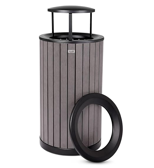 Alpine 32 Gallon Commercial Outdoor Trash Can - Heavy Duty Garbage Can Outdoor, Industrial Trash Can with Plastic Panels for Patio, Parks, Trails & Resorts (Rain Bonnet Lid - Grey)