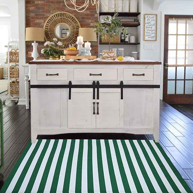 CAINANEL Christmas Outdoor mat 3' x 5' Green and White Striped Outdoor Rug Front Porch Rug,Christmas Home Decor, Layerd Welcome Doormat for Front Porch Decor, Front Door, Farmhouse Decor