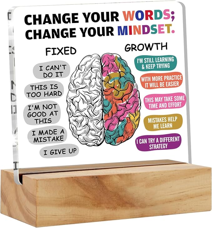 Positive Gifts for Her & Him: Encouragement Growth Mindset Acrylic Desk Plaque Sign with Wood Stand - Keepsake Present