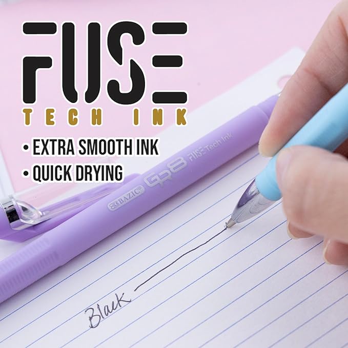 BAZIC Oil Gel Fuse Tech Ink Pen, GR8 Dazzle Black Ink w/Rubberized Barrel, 0.7 mm Medium Point Smooth Writing, for Office School (3/Pack), 6-Pack