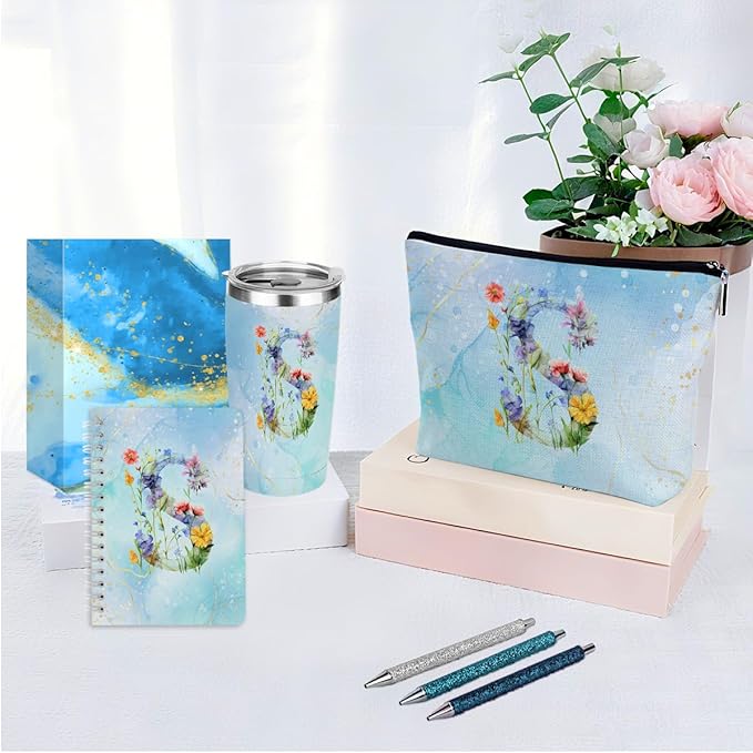 Personalized Gifts for Women Monogrammed Birthday Gifts for Women, Wife Girlfriend Christmas, Initial 20 oz Tumbler, Makeup Cosmetic Bag Cup Pens Journal Notebook 6 Set, (Aesthetic Blue Flower S)