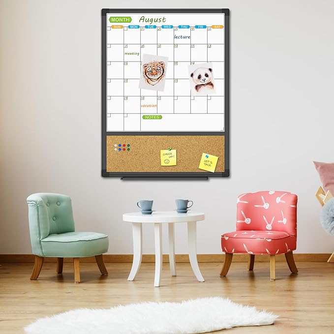 JILoffice Magnetic Calendar Whiteboard & Bulletin Corkboard Combination, Combo Board 20 x 28 Inch, Black Aluminum Frame Wall Mounted Board for Office Home and School with 10 Push Pins