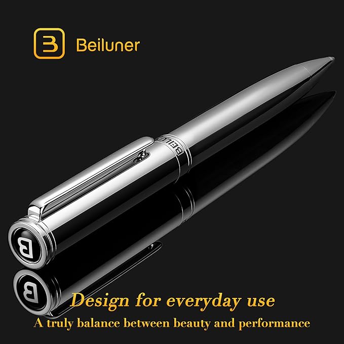 BEILUNER Silver Gel Pen - Luxury Featuring Bright Chrome Finishes, Black Ink Refill, Best Pen Gift Set for Men & Women, Business Signature, Executive, Office Retractable,Nice Fancy Designer Pens