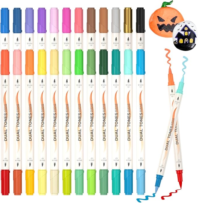 Shuttle Art 24 pack Dual Tone Acrylic Paint Markers, 48 Colors Acrylic Paint Pens for Rock Painting, Ceramic, Wood, Canvas, Glass, Stone, Fabric, Card Making, DIY & Art Supplies