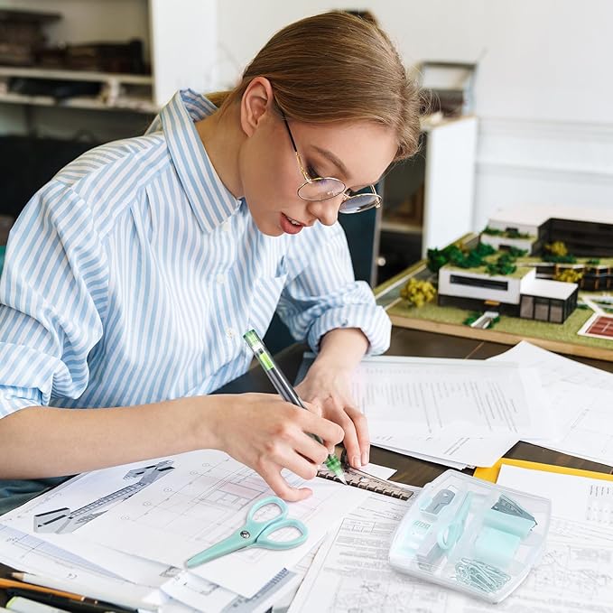 Colarr Mini Office Supply Kit Includes Stapler Tape Dispenser Staple Remover Paper Clips Scissor Staples Pen Sharpener Note Small Telescopic Knife for Office and School Clerk Student (Green)