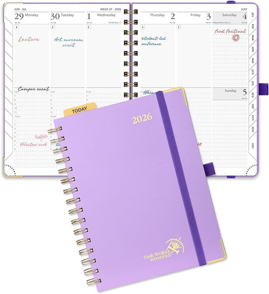 POPRUN 2026 Planner (Medium Size 8.5'' x 6.25'' Wire-Bound Hard Cover) Daily Weekly and Monthly Calendar - Agenda 2026 (Jan.2026-Dec.2026) with Hourly Schedule, Monthly Tabs - Violet