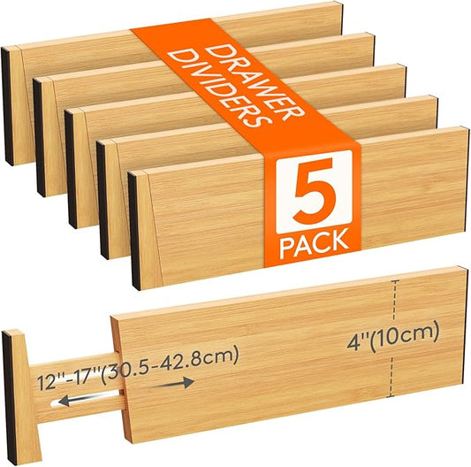 Lifewit 5 Pack Drawer Dividers Bamboo 4" High, 12-17" Adjustable Drawer Organizers for Clothes, Expandable Dresser Separators in Bedroom/Bathroom/Kitchen/Fridge/Office Organization and Storage