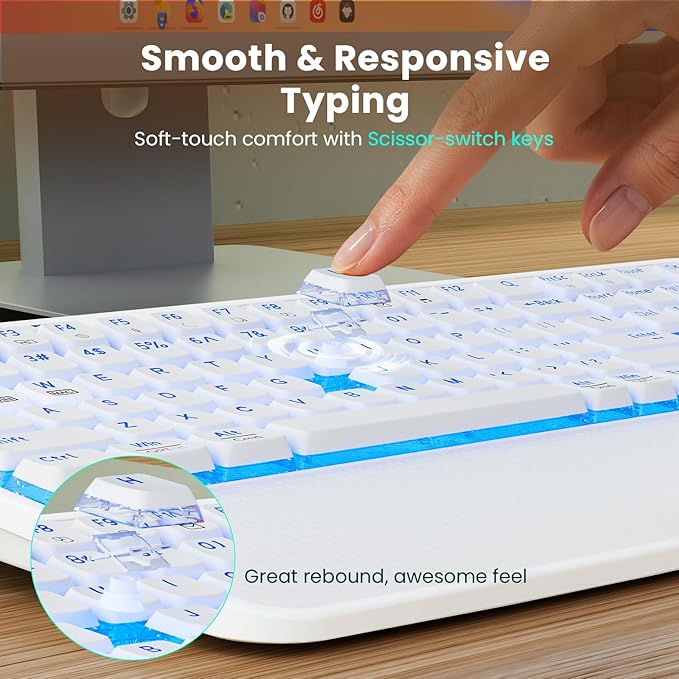 White Keyboard and Mouse Wireless Combo, 4000mAh Rechargeable Backlit Quiet Keyboards mice set, USB Ergonomic Key Board with Wrist Rest & Phone Holder for PC, Mac, Windows, Natural Soft Typing—SABLUTE