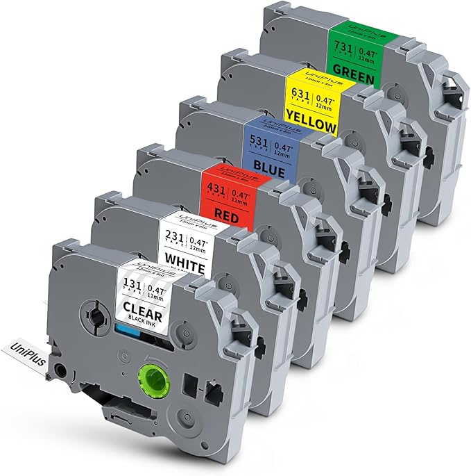 6-Pack Compatible for Brother P Touch TZ Label Tape TZe-231 131 431 531 631 731 12mm 0.47 Laminated Multi Color for P Touch PT-H110 PTD210 PTD220 PTD600, Clear/White/Red/Blue/Yellow/Green