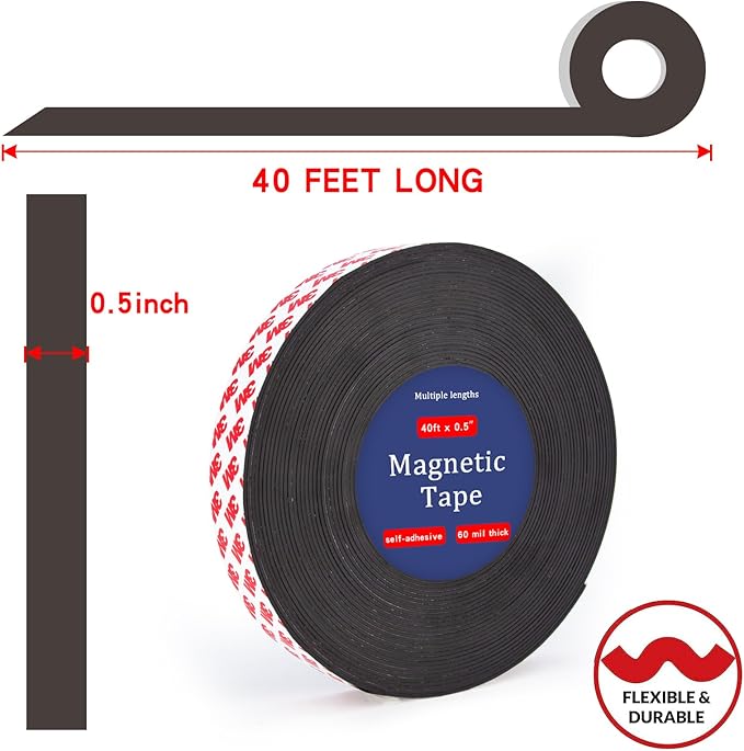 Magnetic Tape Roll 40 Feet,3M Self Adhesive Backing,Flexible Sticky Magnet Strips for Lightweight Craft DIY Projects, Whiteboards and Fridge Organization, (0.5" Wide x 0.06" Thick)