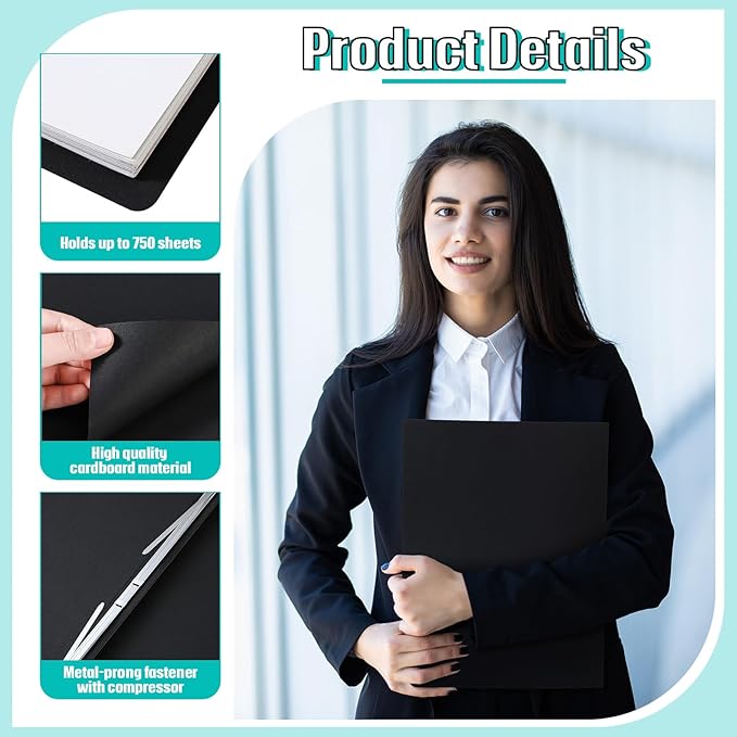 50 Pcs 8.5'' x 11'' Pressboard Report Cover, 3'' Capacity Metal Prong Fastener with Compressor, Letter Size, Presentation Folder to Neatly Bind Report, Proposal Document (Black)