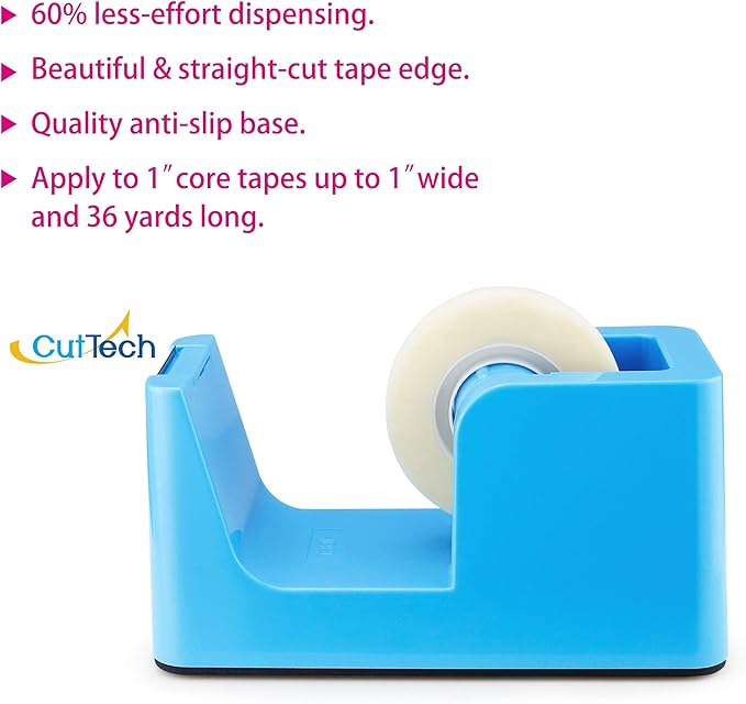 ABEL SimpleWork Desktop Tape Dispenser, Blue, 1 in Core, Non-Skid Weighted Base, Tape Cutter for Office, Home, School, and Crafts