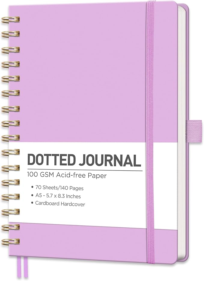 RETTACY Bullet Dotted Journal Notebook, 140 Pages, A5 Medium Size (5.7'' x 8.3''), Hardcover, 100 GSM Thick Paper, for Bullet Journaling, Planning, Tracking (Lilac)