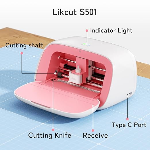S501 Vinyl Cutter Machine with Built-in Storage, Die Cutting Machine of Multi Material Vinyl, HTV, Cardstock, Paper, Includes Cutting Mat, Black Pen, Weeding Tool, Pink