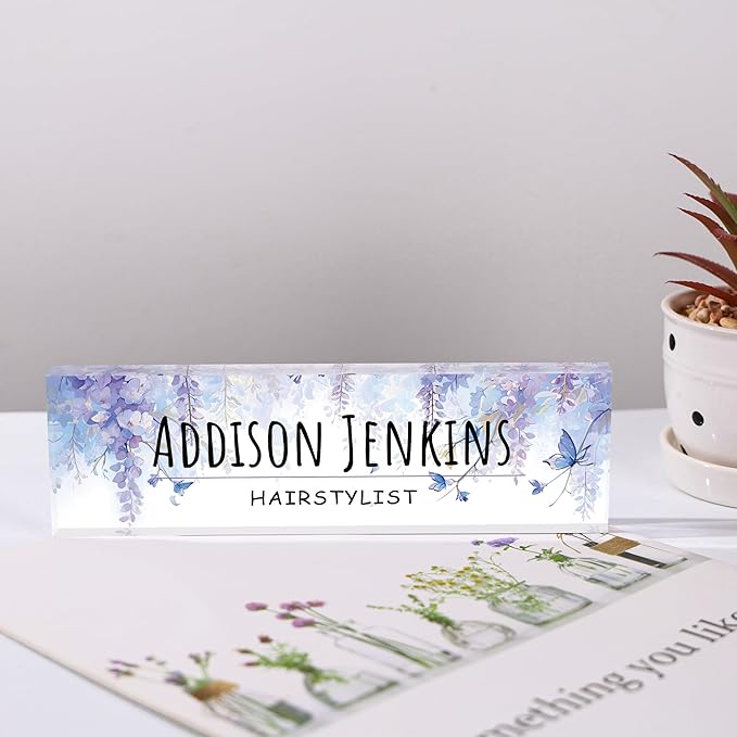 Custom Name Plate for Desk, Personalized Acrylic Office Name Sign with Name & Title, Elegant Desk Decor for Women Men, Employee Appreciation Gift (Wisteria)