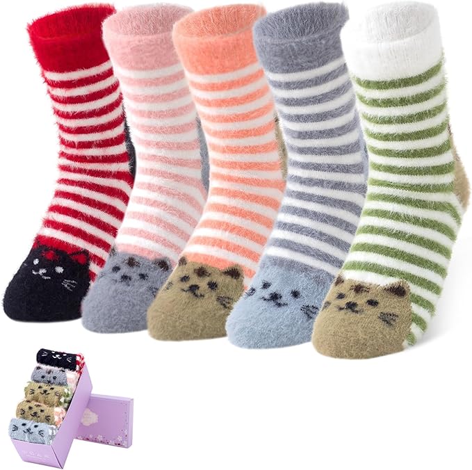 ICEIVY 5 Pair Fuzzy Cozy Socks for Women - Warm Comfy Soft Casual Home Sleep Winter Wool Socks - Gifts for Women