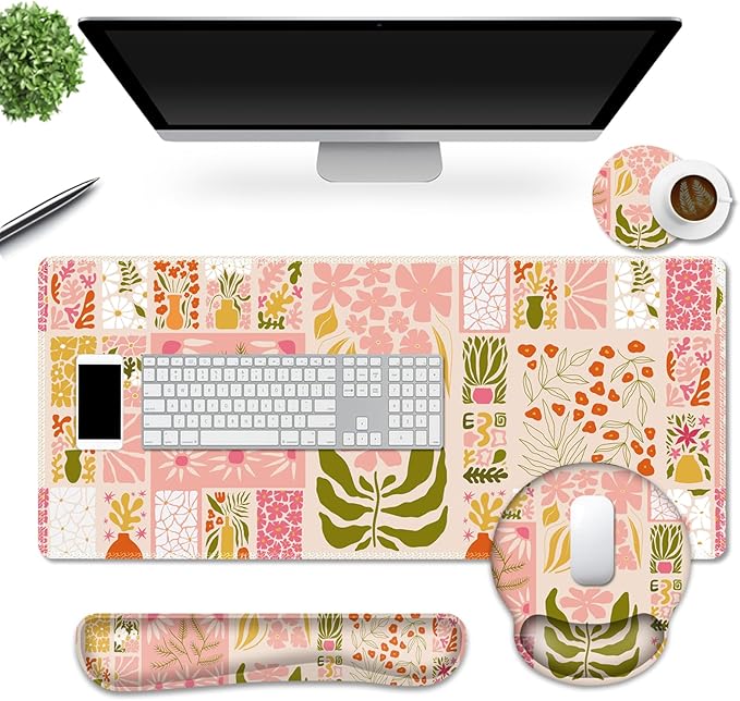 DINKY Desk Mat Mouse Pad, XXL Large Gaming Mouse Pad with Wrist Rest Wrist Support, Ergonomic Mouse Pads, Keyboard Wrist Rest, Desk Accessories Decor, Checkered Flower Plant